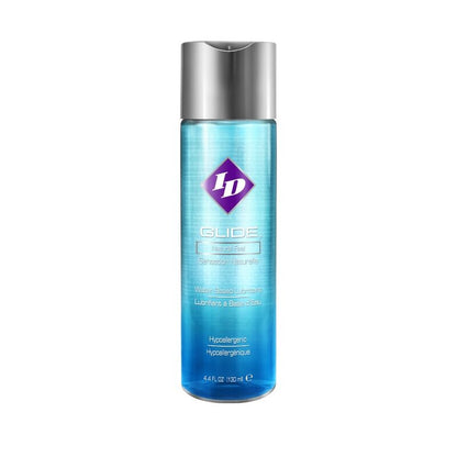 ID GLIDE water-based lubricant in a 130 ml bottle, showcasing a clear, smooth gel texture against a neutral background.