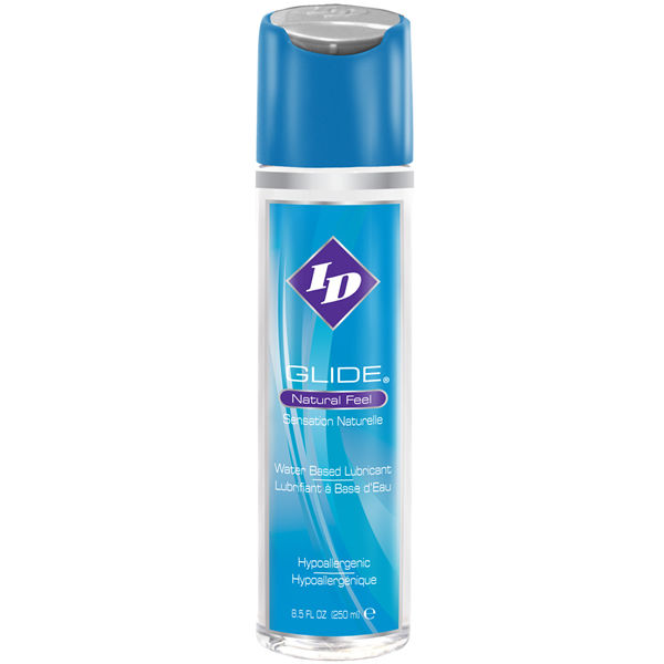Lubricante de base agua ID GLIDE en botella de 250 ml, ideal para uso íntimo y cómodo en relaciones sexuales.