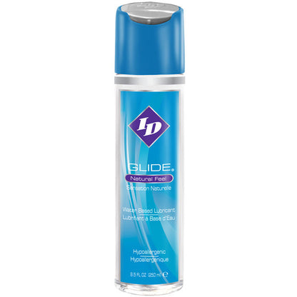Lubricante de base agua ID GLIDE en botella de 250 ml, ideal para uso íntimo y cómodo en relaciones sexuales.