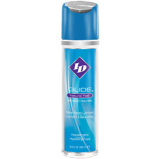 Lubricante de base agua ID GLIDE en botella de 250 ml, ideal para uso íntimo y cómodo en relaciones sexuales.