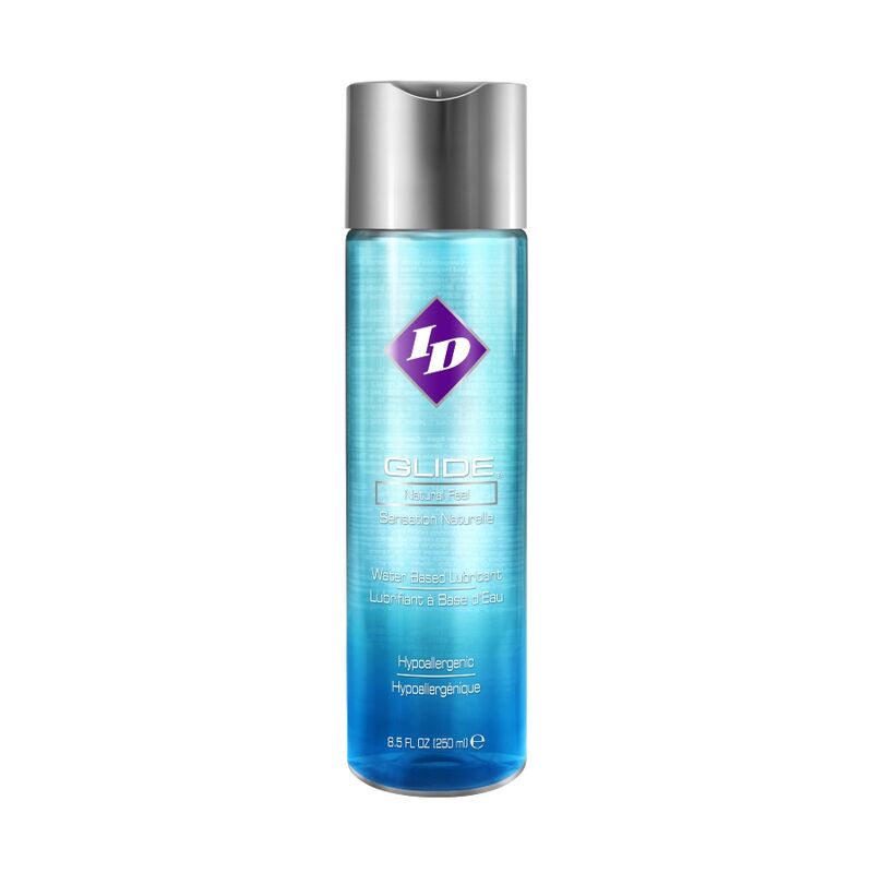 Lubricante ID GLIDE a base de agua en botella de 250 ml, ideal para uso íntimo y cómodo.