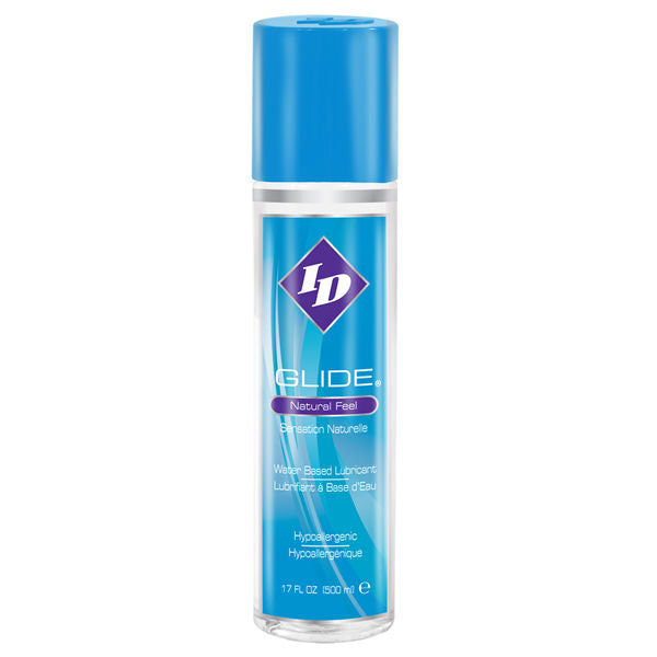 ID GLIDE water-based lubricant in a 500 ml bottle, featuring a clear liquid and easy-to-use pump dispenser.