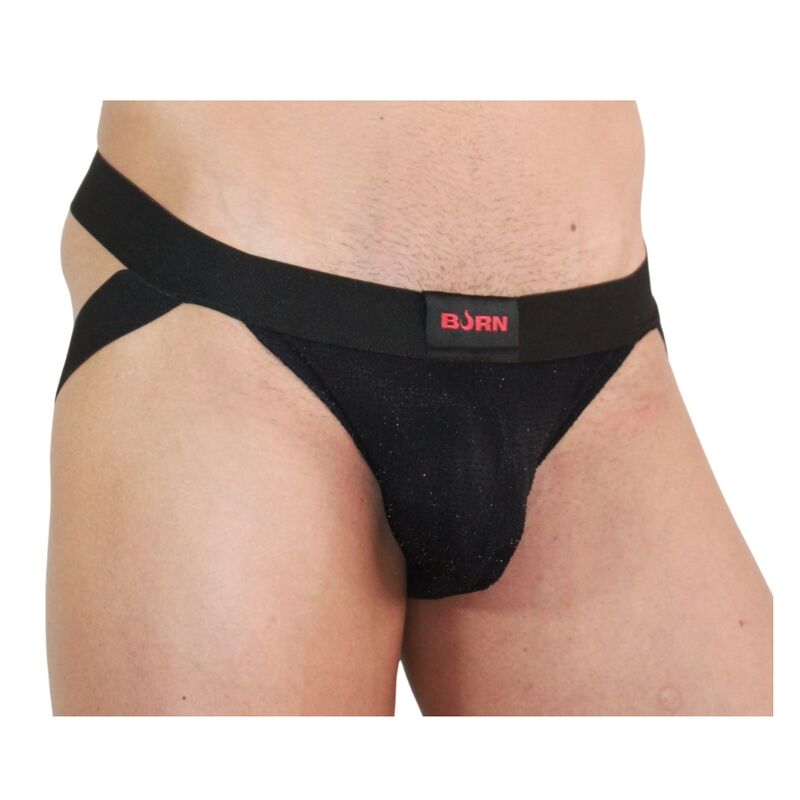 Jock brillante negro BURN - 003 para hombres, con diseño ajustado y detalles en color negro brillante.