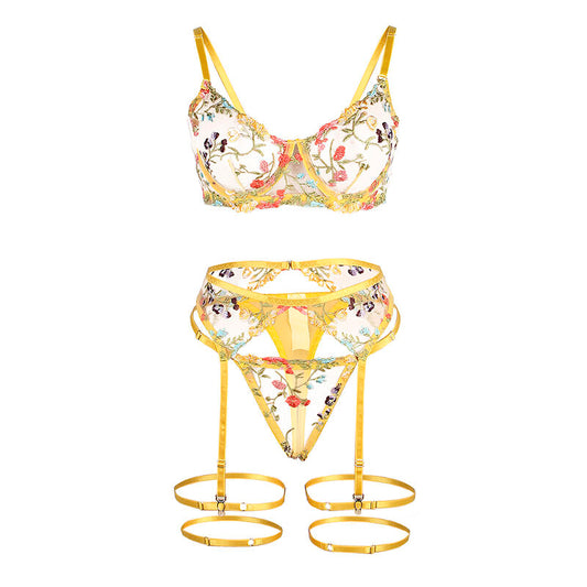 SUBBLIME - 954345 SUJETADOR + TANGA + LIGUEROS DISEÑO FLORAL AMARILLO S/M