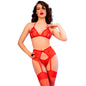 CHILIROSE - CR 4848 SET SUJETADOR + TANGA + MEDIAS DE ENCAJE ROJO S