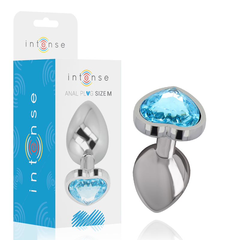 Plug anal de metal con forma de corazón azul de la marca INTENSE ANAL TOYS, tamaño M, diseñado para placer anal seguro.