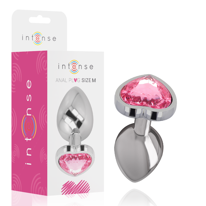 Plug anal de metal aluminio con forma de corazón rosa de tamaño M de la marca INTENSE ANAL TOYS.
