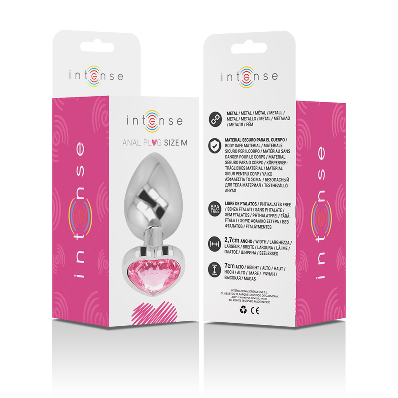 Plug anal de metal aluminio con forma de corazón rosa de tamaño mediano de la marca INTENSE ANAL TOYS.