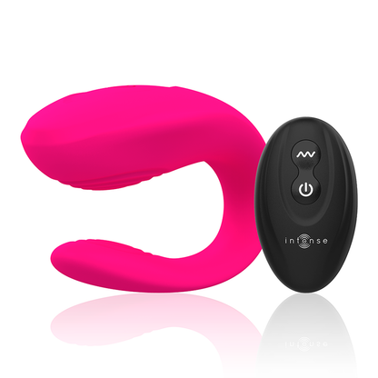Vibrador rosa INTENSE Bruno Partner Doble Placer de la marca INTENSE COUPLES TOYS, muestra su diseño y tamaño.