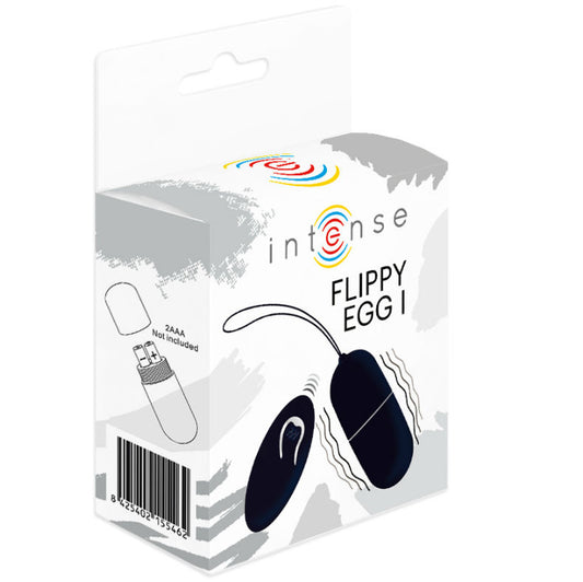 Control remoto negro para el juguete íntimo Flippy I Huevo de la marca INTENSE COUPLES TOYS, con botones y cable de conexión visible.