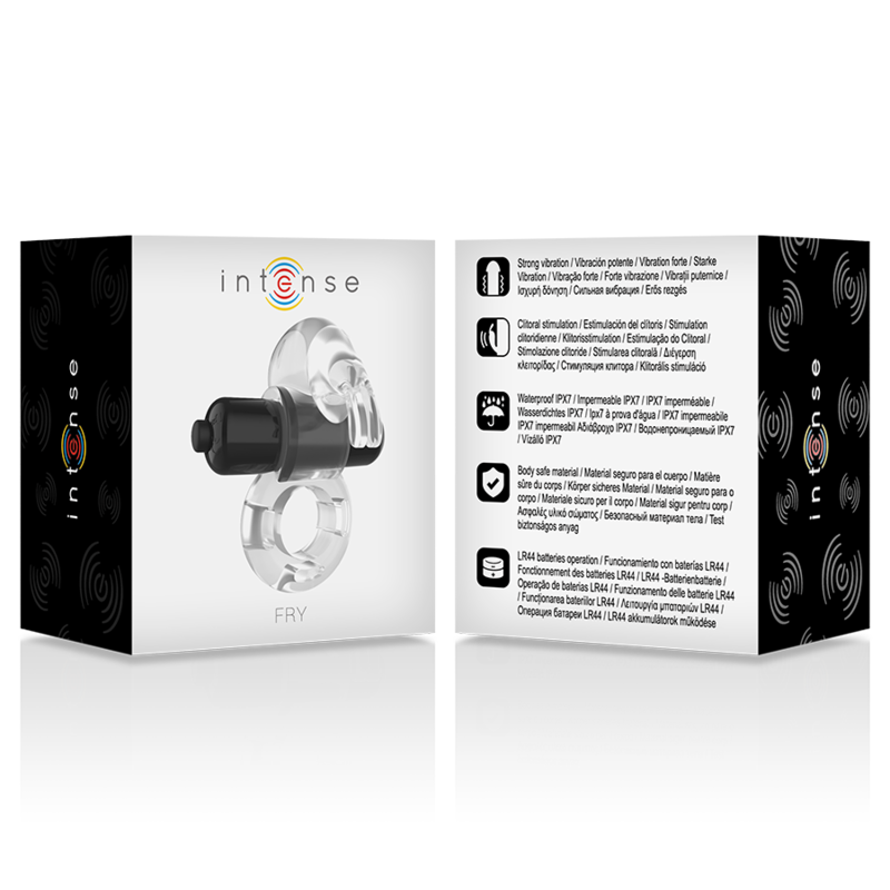 Anillo vibrador transparente de la marca INTENSE COUPLES TOYS con diseño ajustado para placer íntimo.