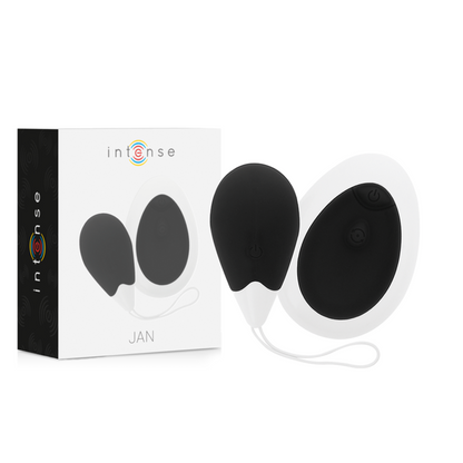 Vibrador Jan Huevo INTENSE de control remoto en color negro, diseñado para placer íntimo y uso en pareja.