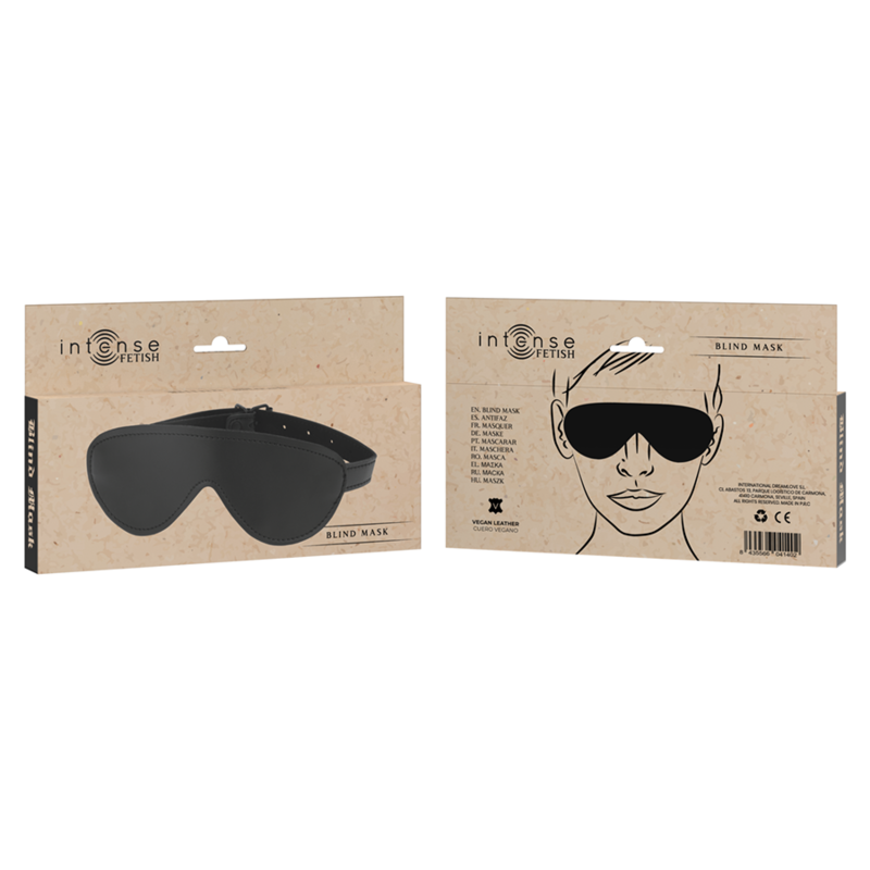 Antifaz de cuero vegano de la marca INTENSE FETISH, máscara de tela negra y ajustable para actividades de exhibición y restricción.