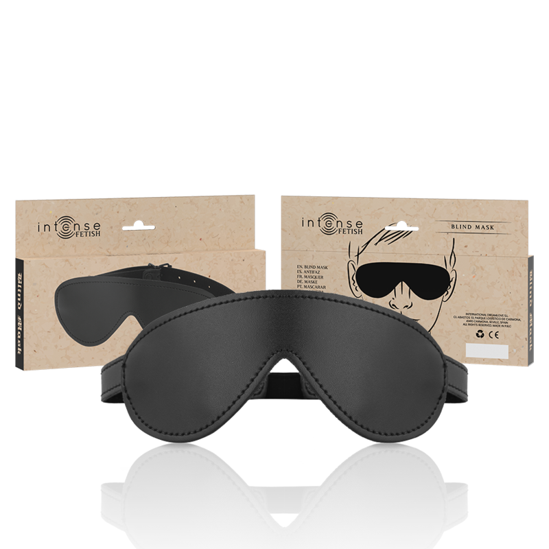 Antifaz de cuero vegano de la marca INTENSE FETISH, con diseño ajustado y elegante para uso sensorial y de disfraces.