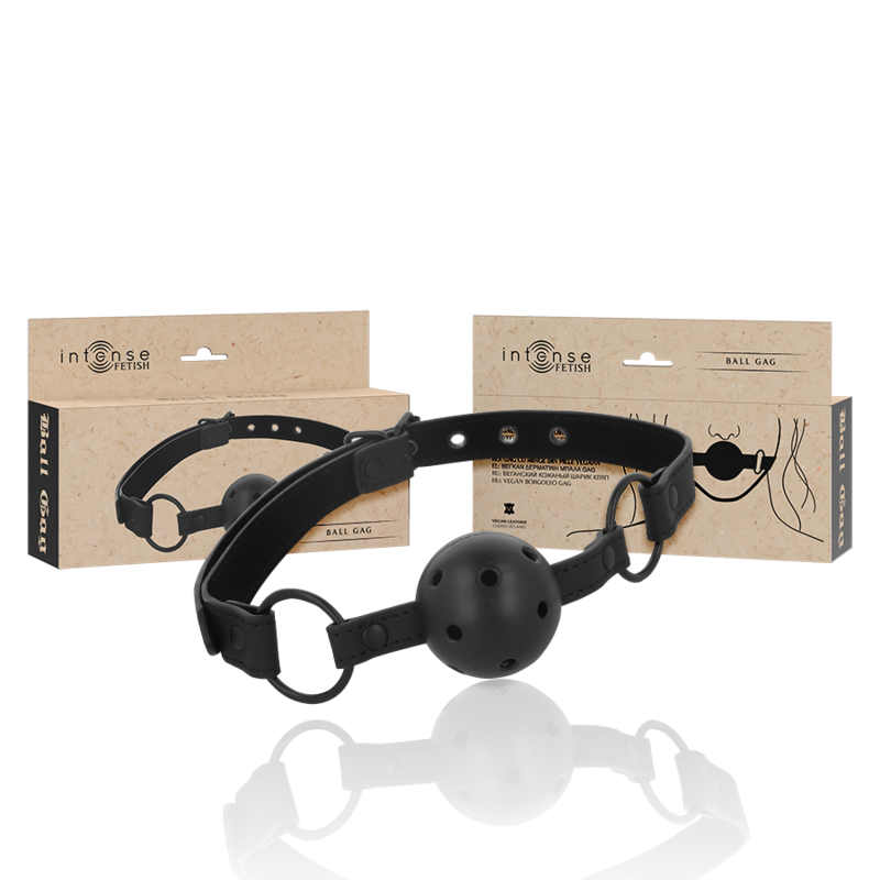 Bozal de cuero vegano de la marca INTENSE FETISH, con diseño llamativo y ajustable para uso de fetiche y BDSM.