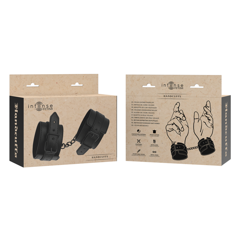 Esposas de cuero vegano INTENSE FETISH, accesorios de BDSM con diseño resistente y ajustable, en color negro.