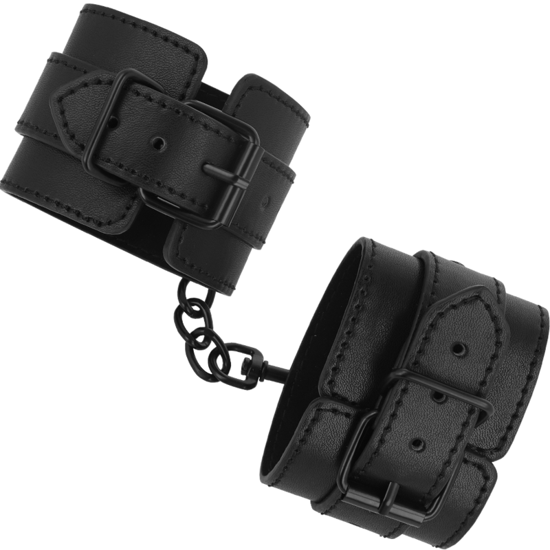 Esposas de cuero vegano de la marca INTENSE FETISH, accesorios para juegos de roles y BDSM, con acabado negro y diseño resistente.