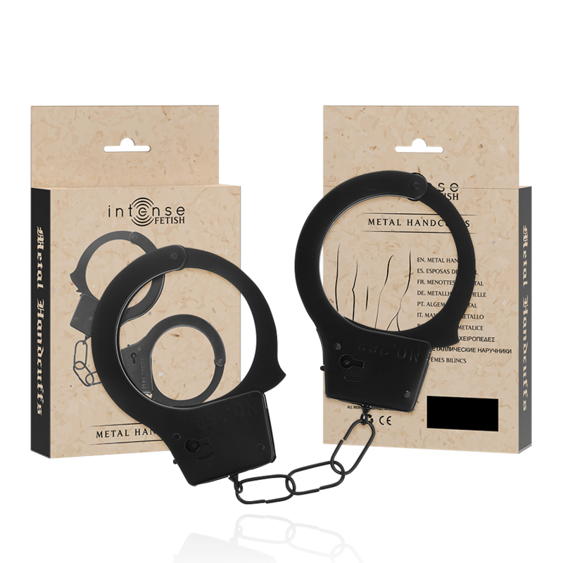 Esposas de metal de la marca INTENSE FETISH, con acabado robusto y diseño resistente, ideales para juegos de restricción y fetichismo.