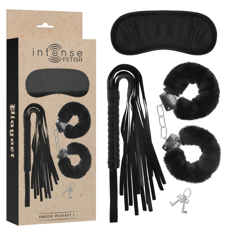 Conjunto erótico INTENSE Fetish con esposas, antifaz y látigo de cuero vegano para juegos de roles y fantasías sensuales.