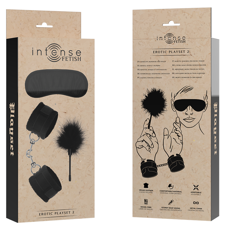 Conjunto erótico INTENSE FETISH con esposas, antifaz y plumero, para juegos de roles y fantasías sensuales.