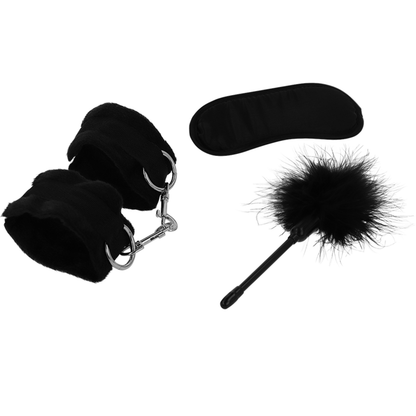 Conjunto erótico INTENSE Fetish con esposas, antifaz y plumero, para juegos de seducción y fantasía.