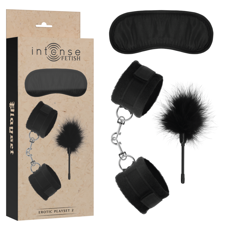 Conjunto erótico INTENSE FETISH con esposas, antifaz y plumero, ideal para juegos íntimos y sensuales.