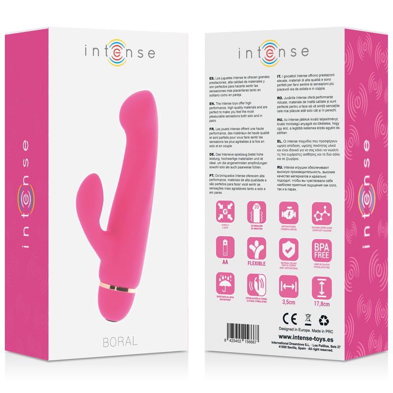 Vibrador rosa de silicona INTENSE BORAL 20 velocidades, producto de la marca INTENSE FUN, con diseño ergonómico y ajustable.
