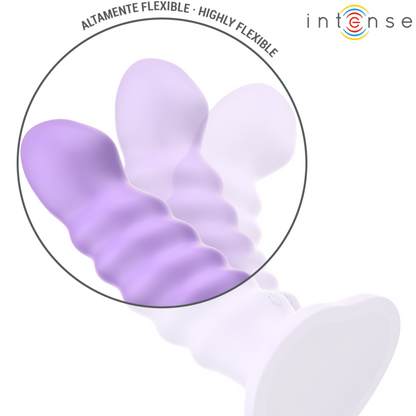 Vibrador tamaño M de INTENSE FUN con diseño en espiral morado, 10 vibraciones y control remoto.