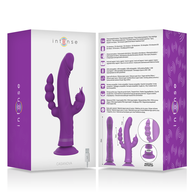Vibrador rabbit de silicona morado INTENSE CASANOVA con triple motor, diseño ergonómico y superficie suave para placer.