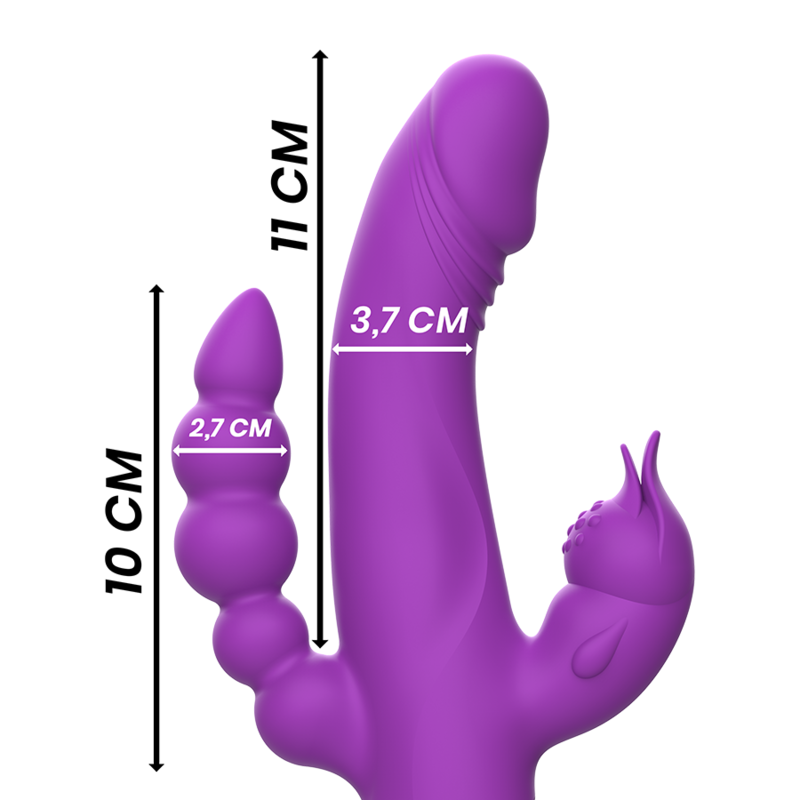 Vibrador rabbit de silicona morada con triple motor de la marca INTENSE FUN, diseño ergonómico y superficie suave.