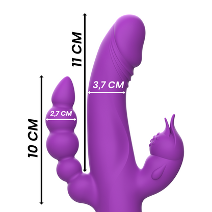 Vibrador rabbit de silicona morada con triple motor de la marca INTENSE FUN, diseño ergonómico y superficie suave.