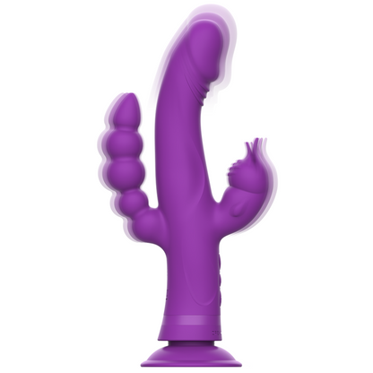 Vibrador rabbit de silicona morado con triple motor de la marca INTENSE FUN, con diseño ergonómico y texturizado.