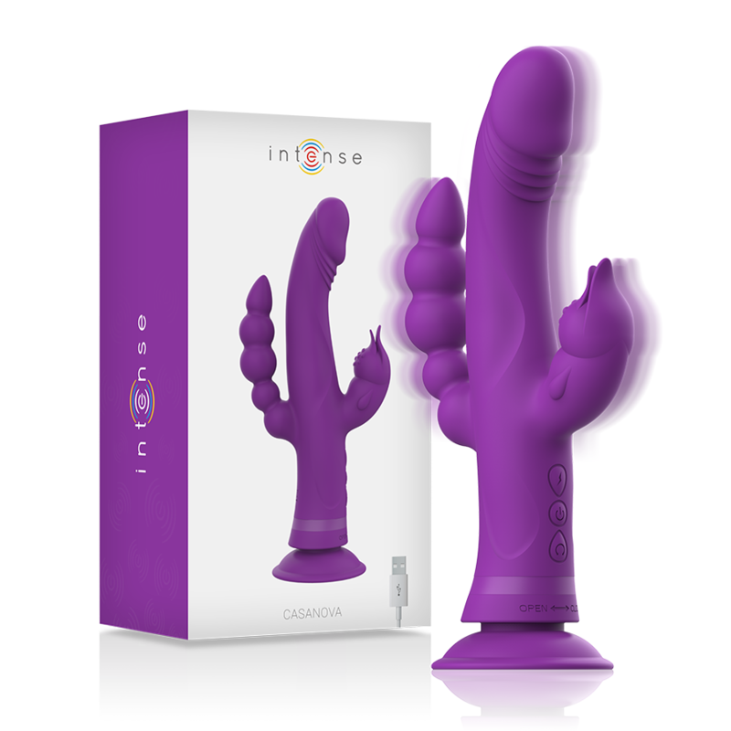 Vibrador rabbit de silicona morado INTENSE CASANOVA con triple motor, diseño ergonómico y superficie suave para placer.