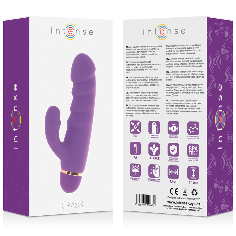 Vibrador de silicona morada INTENSE CRASS 20 velocidades, estilo elegante y ergonómico, para placer íntimo.
