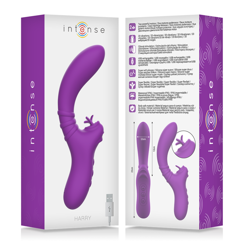 Vibrador flexible INTENSE Harry con lengua morada, diseñado para estimulación placentera, marca INTENSE FUN.