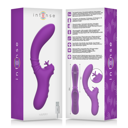Vibrador flexible INTENSE Harry con lengua morada, diseñado para estimulación placentera, marca INTENSE FUN.