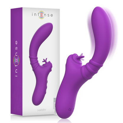 Vibrador flexible INTENSE Harry con lengua en color morado, diseñado para estimulación intensa y placer personalizado.