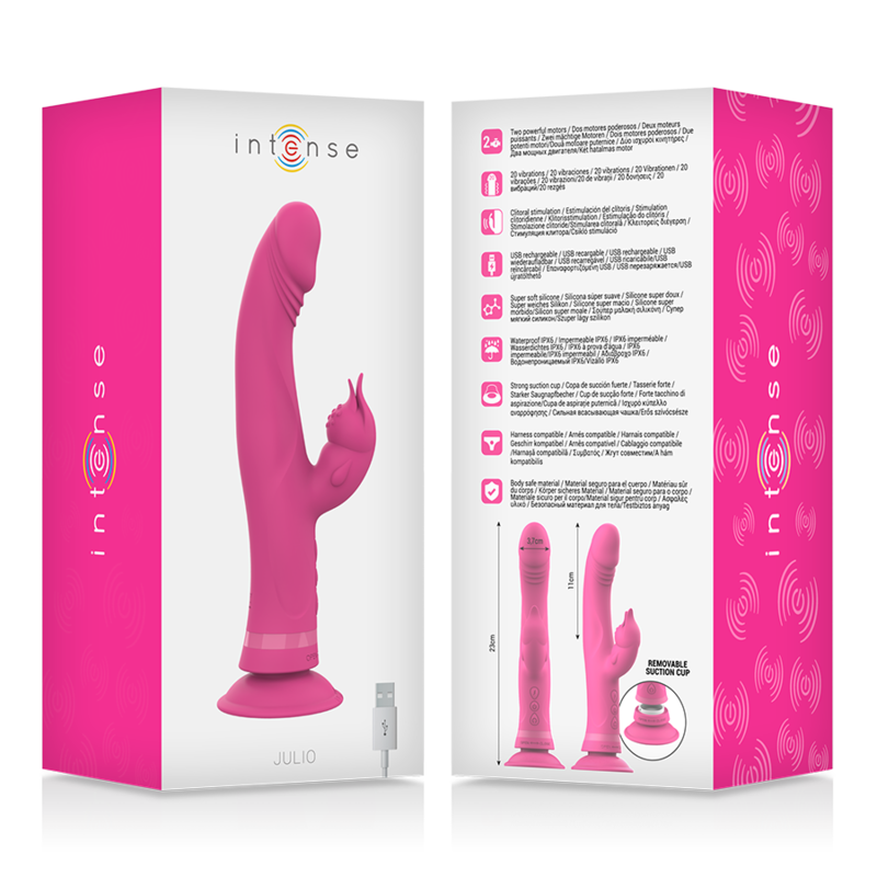 Vibrador rabbit de silicona rosa INTENSE FUN, diseño ergonómico y suave para placer sensual, en un acabado de alta calidad.