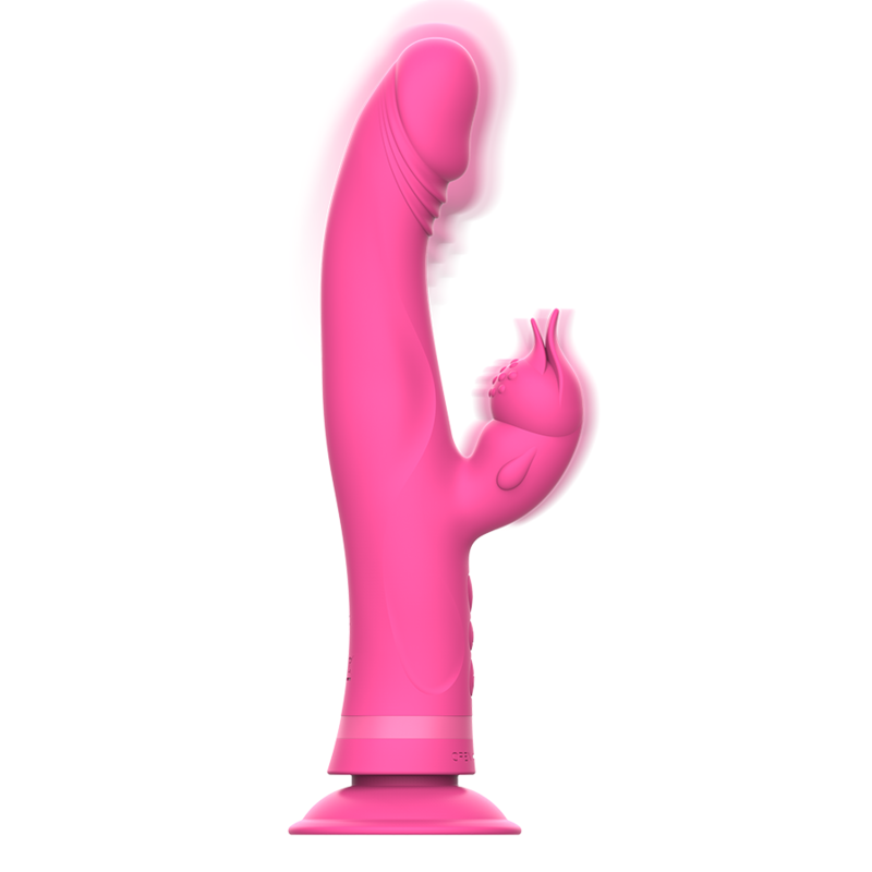 Vibrador rabbit de silicona rosa de la marca INTENSE FUN, con diseño ergonómico y textura suave para placer.