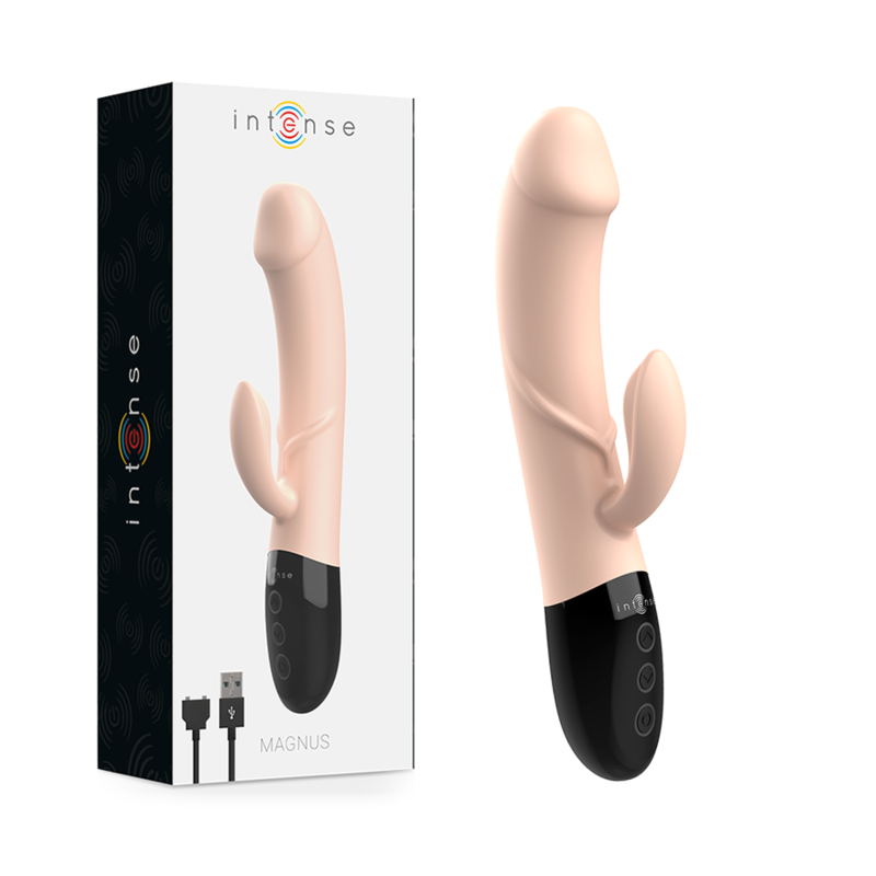 Vibrador recargable dual INTENSE FUN Magnus natural, muestra el diseño elegante y detalles del producto.