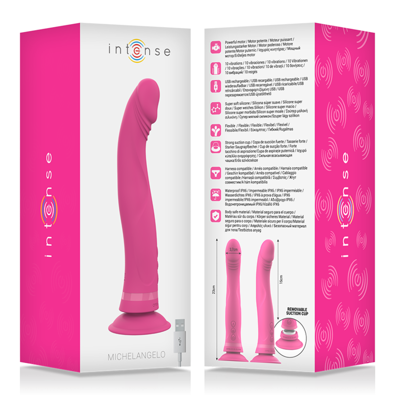 Dildo vibrador de silicona rosa de la marca INTENSE FUN, modelo Michelangelo, con diseño anatómico y textura suave.