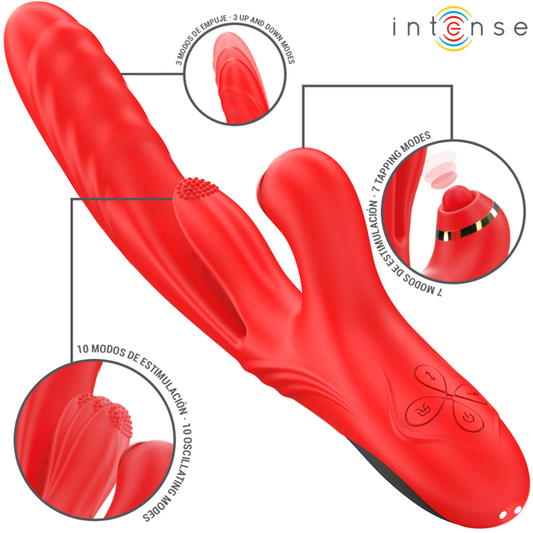 Vibrador multifunción 3 en 1 de color rojo de la marca INTENSE FUN, diseñado para placer y estimulación.