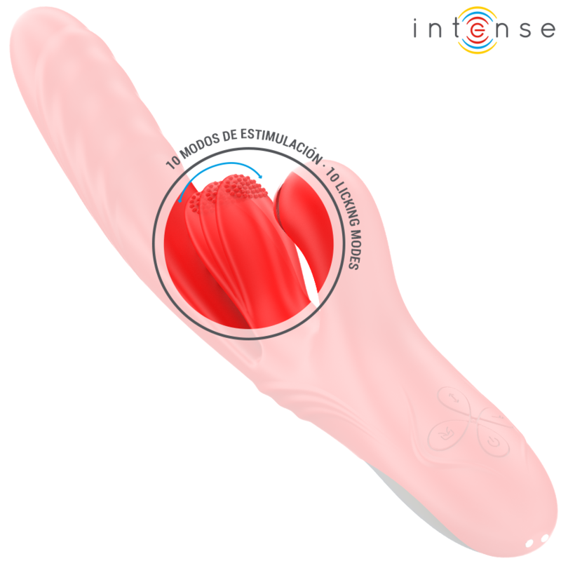 Vibrador multifunción 3 en 1 de color rojo de la marca INTENSE FUN, diseñado para placer y estimulación versátil.