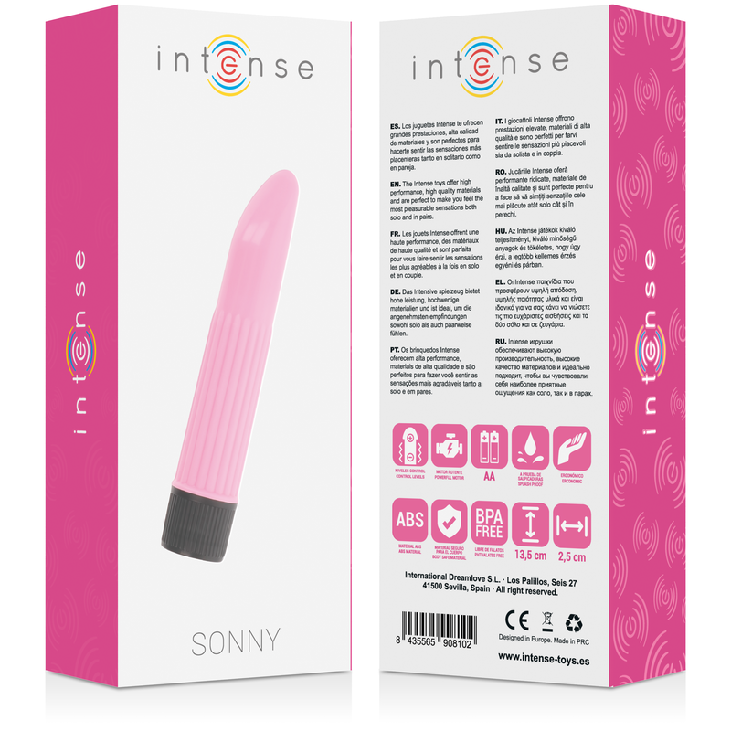 Vibrador rosa INTENSE SONNY de la marca INTENSE FUN, diseñado para placer y estimulación, con forma ergonómica y suave superficie.
