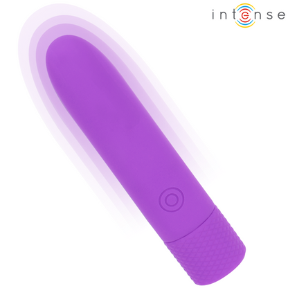 Vibrador recargable por USB INTENSE Symone Bala en color morado con 8 modos de vibración, tamaño 10x2.2 cm.