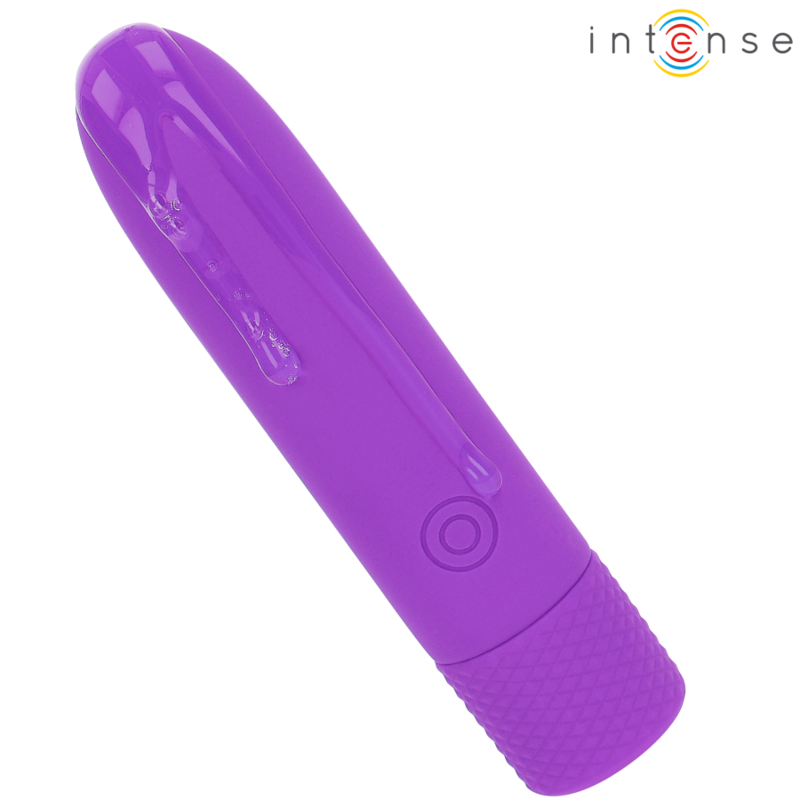 Vibradora recargable por USB INTENSE SYMONE, en color morado, 8 funciones de vibración, tamaño 10 x 2.2 cm