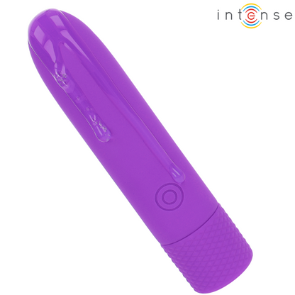 Vibradora recargable por USB INTENSE SYMONE, en color morado, 8 funciones de vibración, tamaño 10 x 2.2 cm