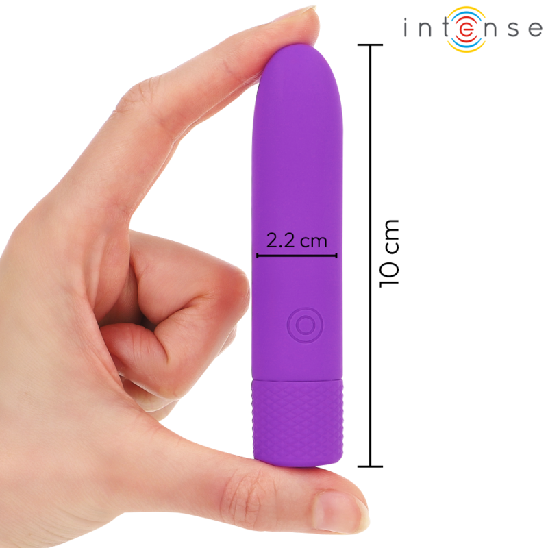 Vibrador recargable por USB INTENSE SYMONE en color morado con 8 modos de vibración, tamaño 10x2.2 cm, diseñado para placer.