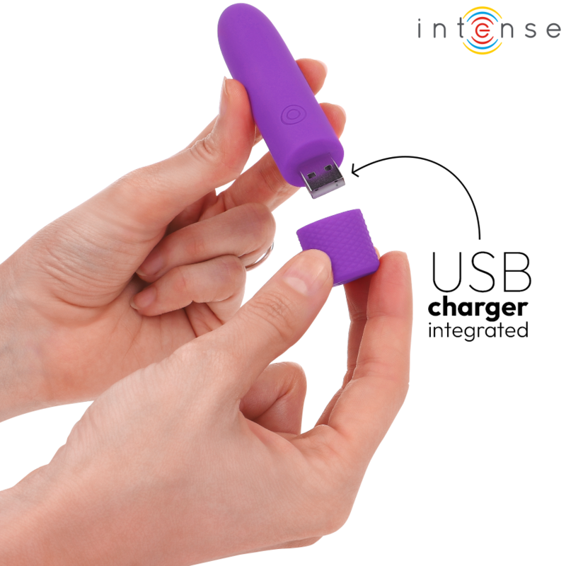 Vibradora recargable por USB INTENSE SYMONE en color morado con 8 modos de vibración, tamaño 10x2.2 cm.