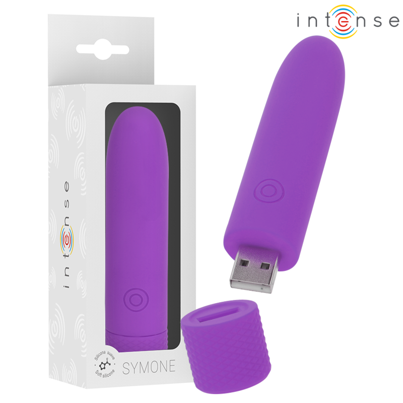 Vibradora recargable por USB INTENSE Symone Bala en color morado, con 8 funciones de vibración, tamaño 10x2.2 cm.